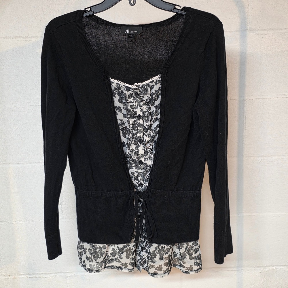AB Studio Women L Black Floral Layer Faux Cardigan Sweater Tie Front Lightweight